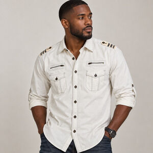 Franky Max 2X Large White Military Style Shirt 100% Cotton Zip Pockets